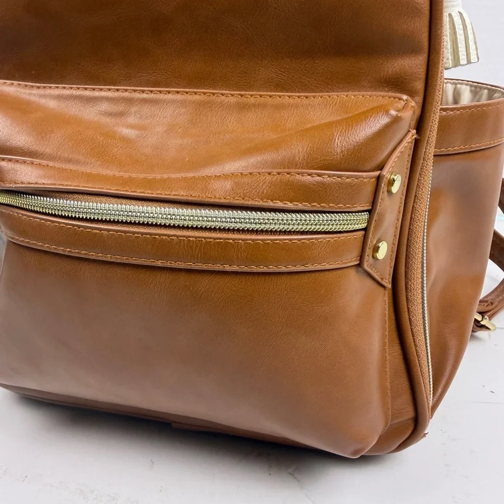 Itzy Ritzy Boss Backpack Diaper Bag Cognac Brown Vegan Leather Gold Hardware